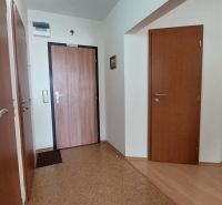 Folyosó egy 3 szobás lakásban fa mintázatú padlóval és ajtókkal.