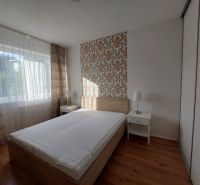 Hálószoba ággyal, tapétával és fa dekorációjú padlóval egy háromszobás lakásban.