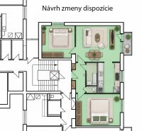 Javaslat a háromszobás lakás elrendezésének megváltoztatására két hálószobával és egy nappalival.
