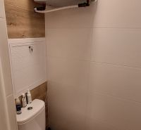 WC fa hatású padlóval egy háromszobás lakásban.