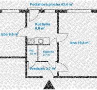Két szobás lakás alaprajza konyhával, fürdőszobával és előszobával, alapterület 43,4 m².