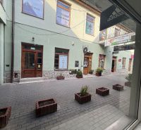 Üzlethelyiségek Nagytapolcsányban kőburkolattal és virágtartókkal a kövezett utcán.