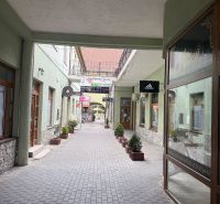 Üzlethelyiségekkel rendelkező átjáró Topoľčanyban, fákkal és táblákkal az épületeken.