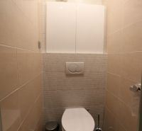 Fürdőszoba függesztett WC-vel és csempékkel egy kétszobás lakásban.