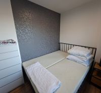 Hálószoba egy egyszobás lakásban sötét fallal és fa dekorációjú padlóval.