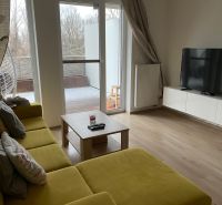Nappali egy kétszobás lakásban kanapéval és TV-vel; fa dekor padlóval.