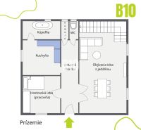 Családi ház földszinti alaprajza: nappali étkezővel, konyha, fürdőszoba, szobák.