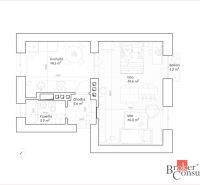 Két szobás lakás alaprajza konyhával, fürdőszobával és erkéllyel, 48,5 m².