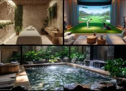 Wellness szoba, golf szimulátor és jacuzzi a lakások építése során.