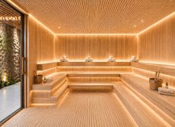 Luxusos szauna belső tér fa dekorációval és relaxációs atmoszférával a lakások építése során.