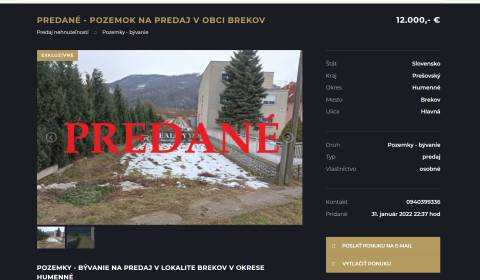 Építési telek, Hlavná, eladó, Humenné, Szlovákia