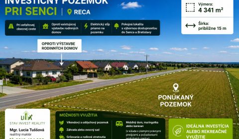 Eladó Építési telek, Építési telek, Reca, Senec, Szlovákia