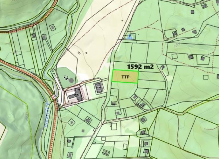 Mapa s pozemkami na predaj, Beňová Lehota, rekreačné pozemky, realitná ponuka.
