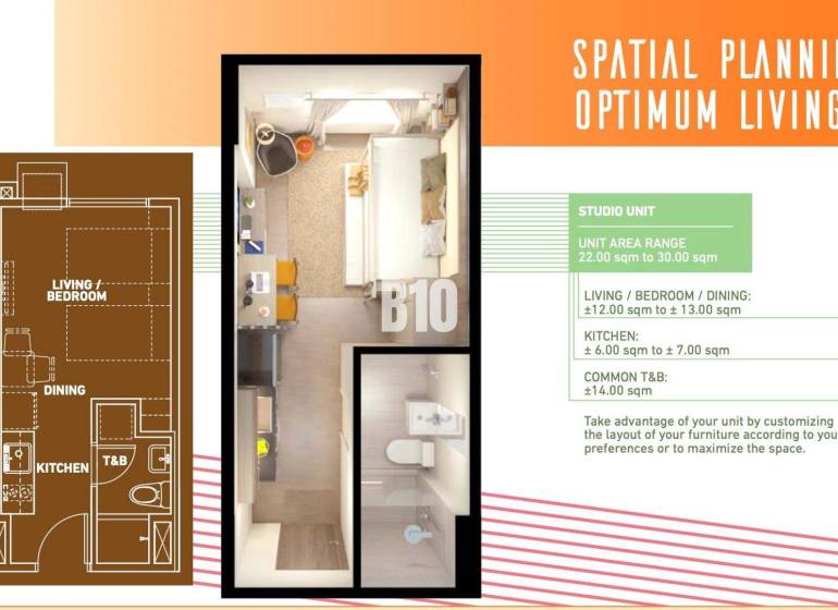 1 szobás lakás alaprajza konyhával, nappalival és fürdőszobával, optimalizált tér.