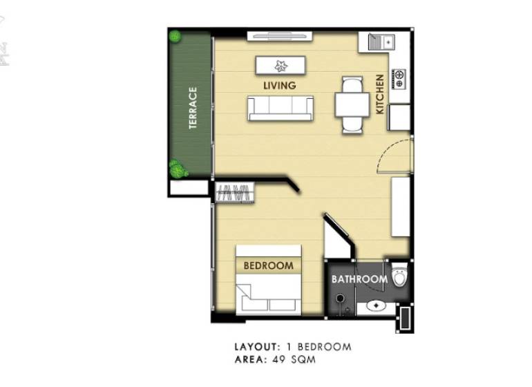 2 szobás lakás alaprajza terasszal, konyhával, nappalival és fürdőszobával. Területe 49 m².