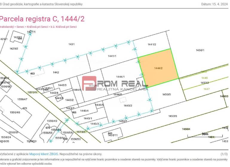A kataszteri térkép a 1444/2-es telket mutatja a Cintorínska 463 utcában, a Záhrady területen.