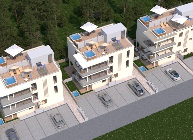 3 modern apartmanépület teraszokkal, jacuzzival és parkolóval, zöldövezetben.