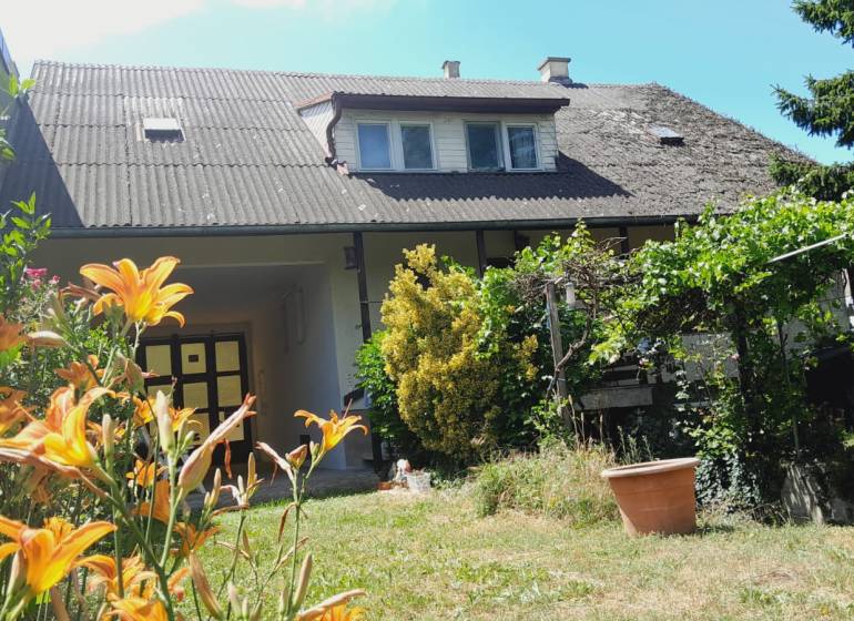 Családi ház Potzneusiedlben virágoskerttel, szőlőskerttel és hagyományos ferde tetős kialakítással.