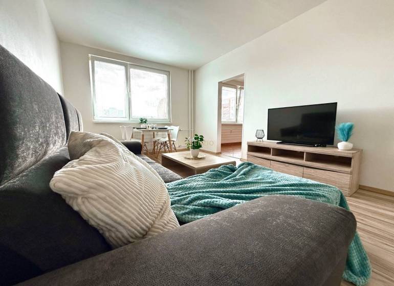 Kényelmes nappali egy 4 szobás lakásban kanapéval, asztallal és televízióval.