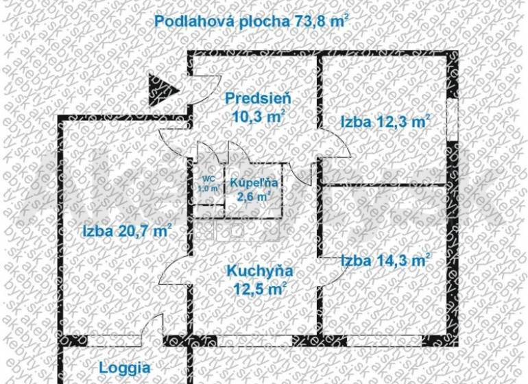 3 szobás lakás alaprajza loggiával, előszobával, konyhával, fürdőszobával és WC-vel.