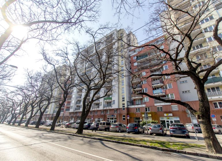 Pozsonyban, a Jégeho utcában láthatóak lakóházak és parkoló autók.