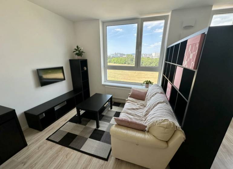 Nappali egy kétszobás lakásban kanapéval, televízióval és fa dekorációjú padlóval.