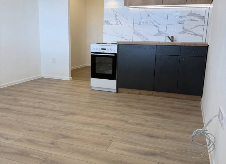 Garzonlakás konyhasarokkal, tűzhellyel és fa mintázatú padlóval.