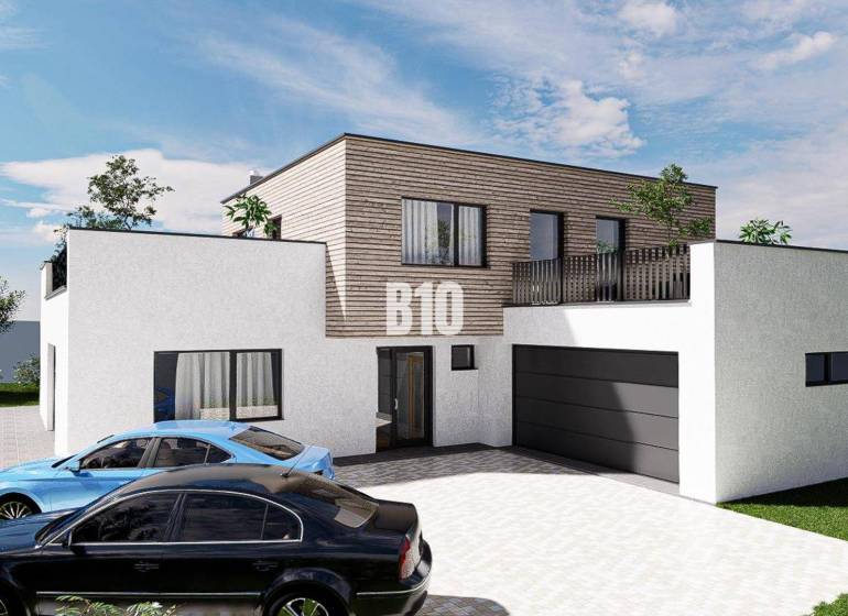 Egy földszintes családi ház, garázzsal és két autóval, zöldövezetben.