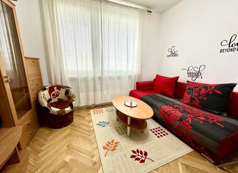 Garzonlakás fa dekor padlóval, piros kanapéval és fotellel.