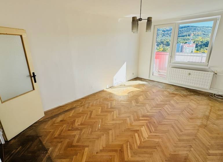 Szoba fa dekorációjú padlóval egy egyszobás lakásban, nagy ablak, üvegezett ajtó.