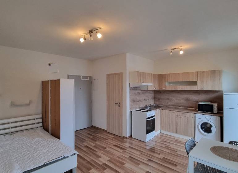 Garzonlakás fa dekor padlóval, konyhapult, ágy, mosógép és étkezőasztal.