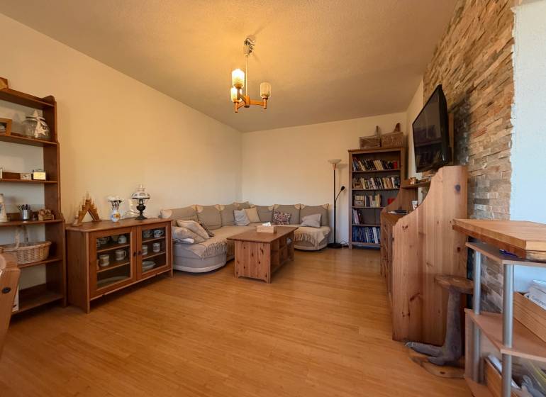 Nappali kanapéval, fa dekoros padlóval, könyvtárral és falra szerelt televízióval.