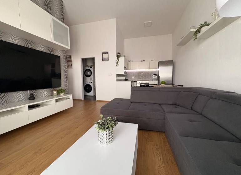 Nappali nagy kanapéval, fa dekoros padlóval és televízióval egy kétszobás lakásban.