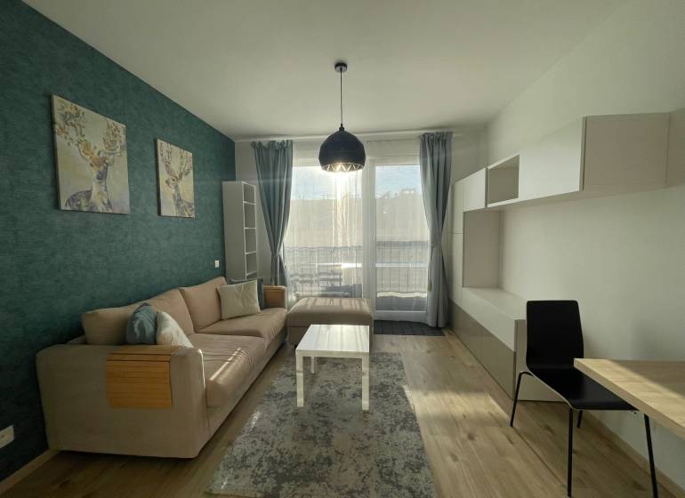 Nappali egy egyszobás lakásban kanapéval, szarvas dekorációval és fa mintázatú padlóval.