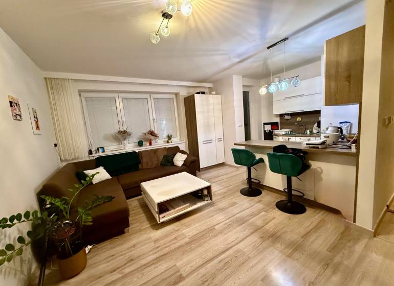 Nappali és konyha egy kétszobás lakásban, fa mintázatú padlóval.