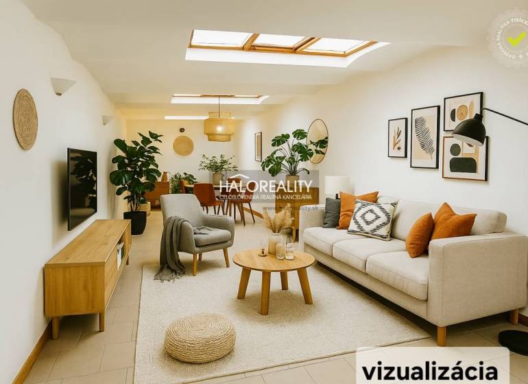 Világos üzlethelyiség kanapéval, növényekkel és faldekorációkkal.