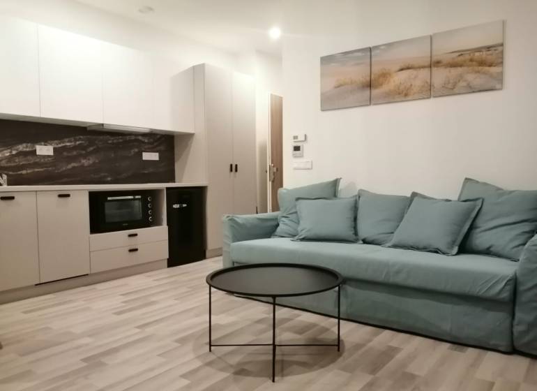 Garzonlakás konyhával, kék kanapéval, kerek asztallal és fa dekorációjú padlóval.