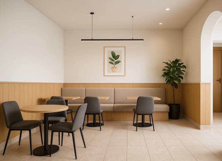 Modern ülőhely fa dekorációjú fallal és növénnyel egy kétszobás lakásban.