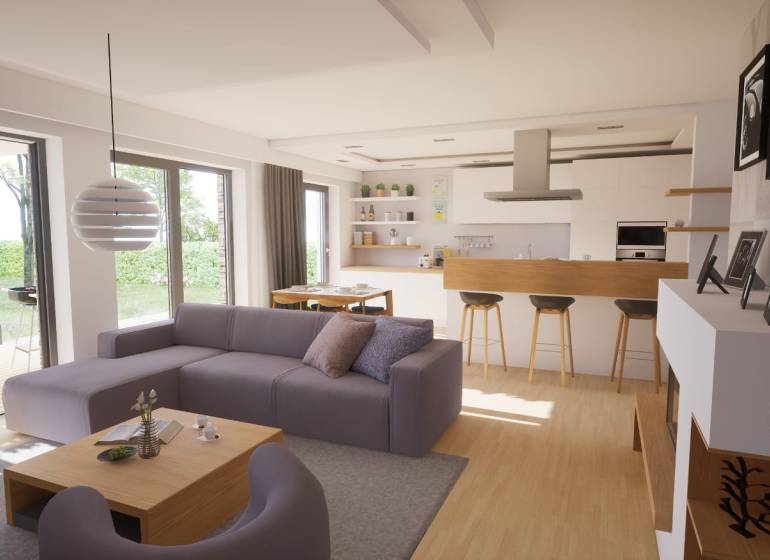 Nappali fa mintázatú padlóval és konyhaszigettel egy családi házban.