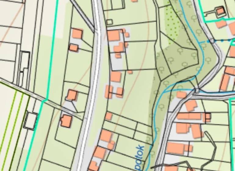 Felsővadičói lakóterület térképe, beleértve a Vodický-patakot és a megközelítési utakat.