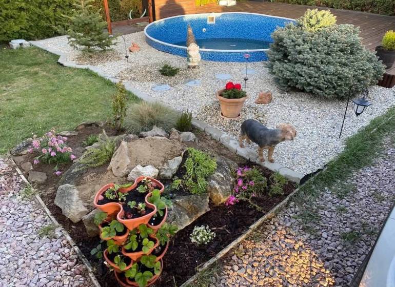 Kert Királyfánál a ház mellett medencével, virágokkal és kutyával.