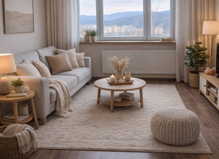 Nappali egy háromszobás lakásban, fa dekorációjú padlóval és kényelmes ülőgarnitúrával.