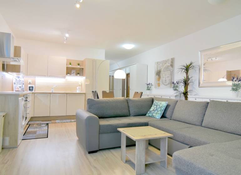 Nappali konyhával egy 2 szobás lakásban, szürke kanapé, szekrény, fa mintázatú padló.