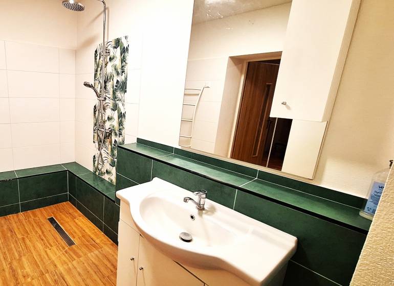 Fürdőszoba családi házban fa dekorációs padlóval és zuhanyzóval.