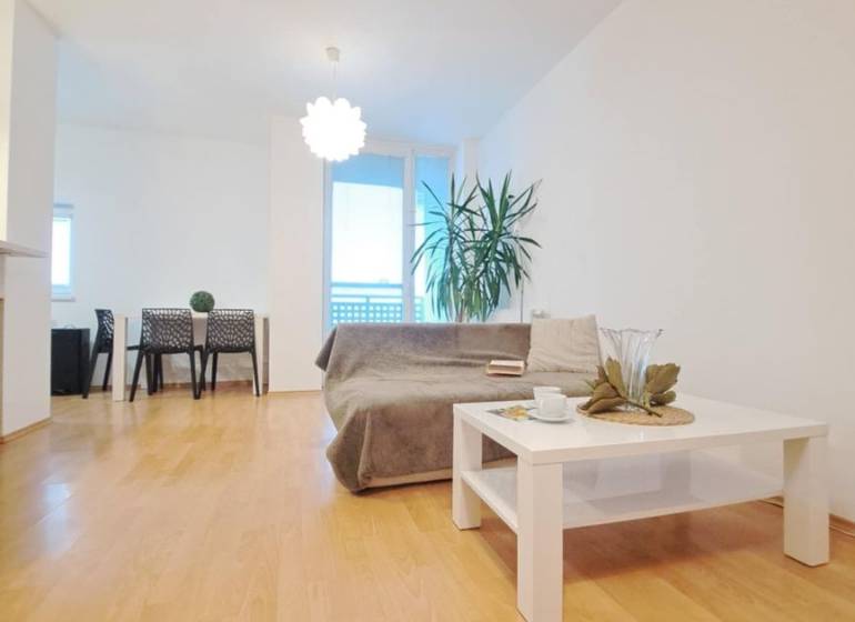 Nappali egy kétszobás lakásban, fa dekorációjú padlóval, kanapéval és dohányzóasztallal.