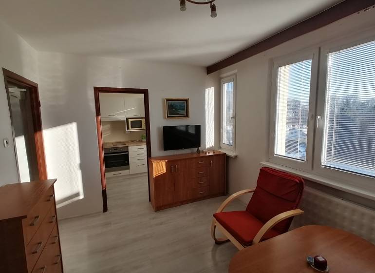 1 szobás lakás fa mintás padlóval, fotellel és konyhába vezető bejárattal.