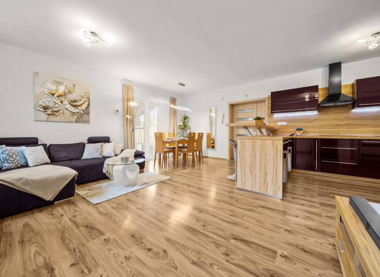 Nappali és konyha családi házban fa mintázatú padlóval, kényelmes kanapéval.