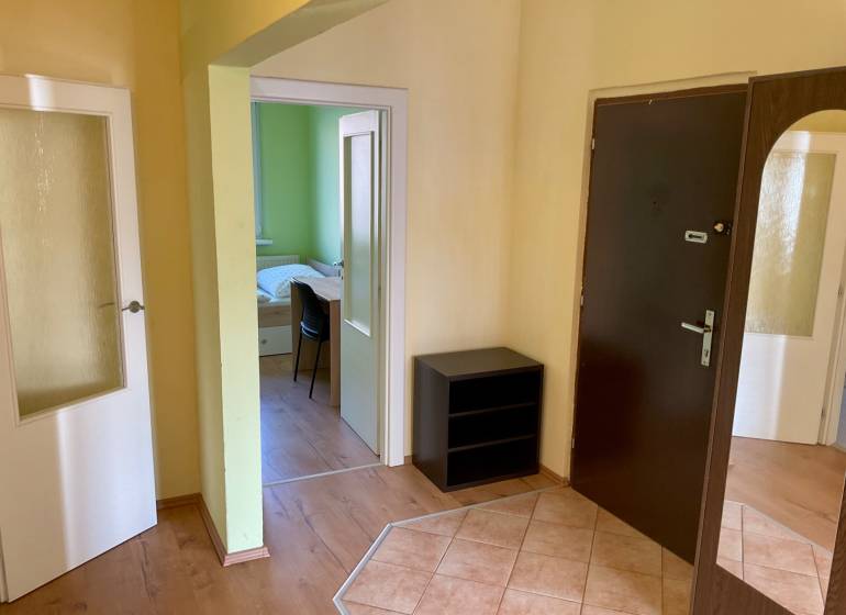 Előszoba sötét ajtókkal, fa mintázatú padló, kilátás a szobára.