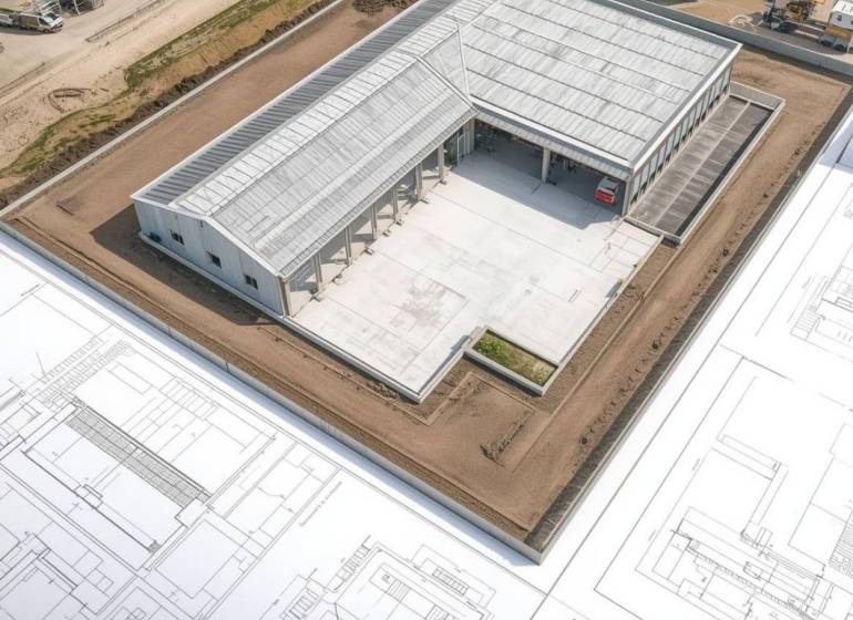 A Bojnej kereskedelmi komplexum építése az építészeti tervek részleteivel.