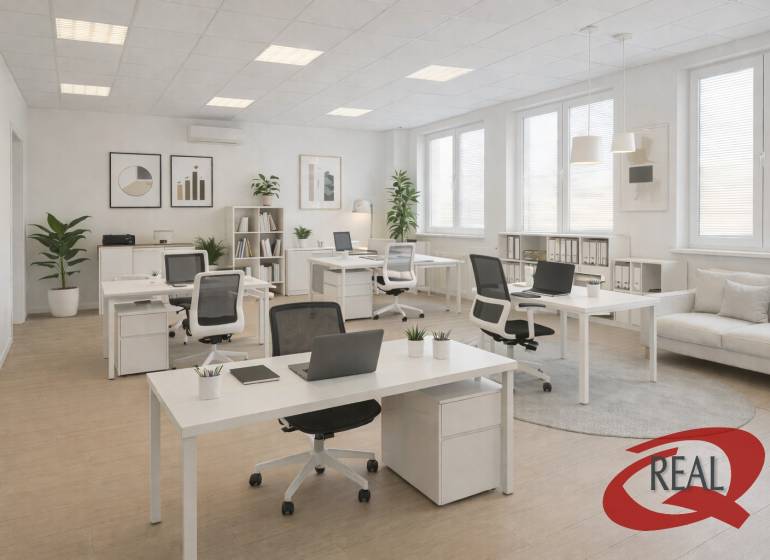 Irodák fa dekor padlóval, íróasztalokkal, székekkel és növényekkel.